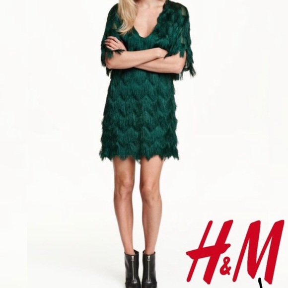 H&M | Dresses | Hm Beautiful Emerald Green Fringe Dress | Poshmark